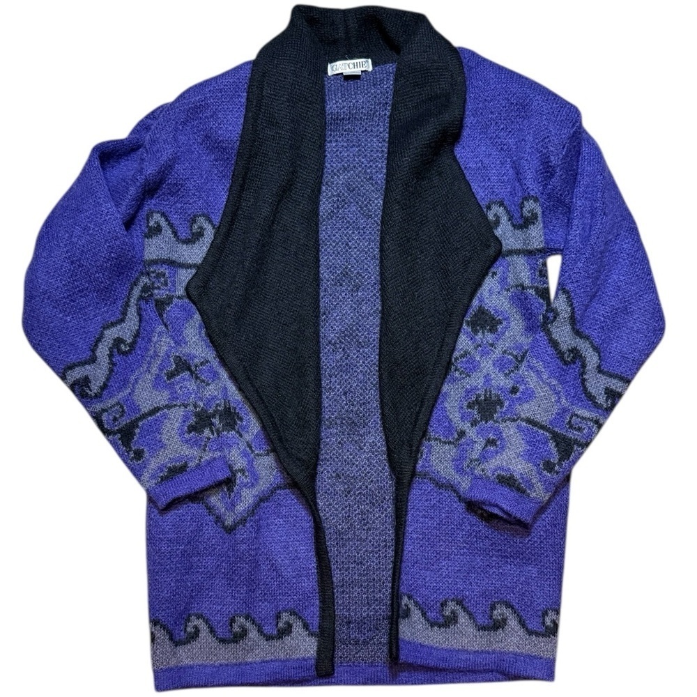 Vintage GATCHIE Wool Blend Women’s L Cardigan Purple Black Hong Kong 80s 90s